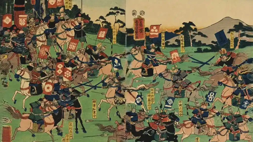 A painting depicting a battle scene from the Sengoku period in Japan