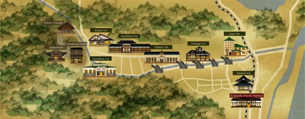 Map showing the locations of the outdoor baths at Kinosaki Onsen