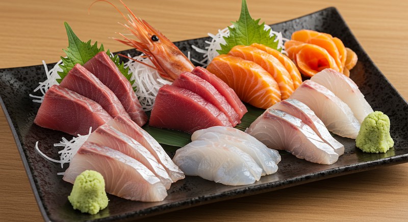 Assorted sashimi including shrimp, yellowtail, tuna and sea bream