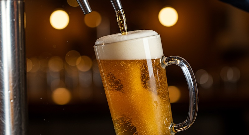 Ice-cold draft beer poured into a mug