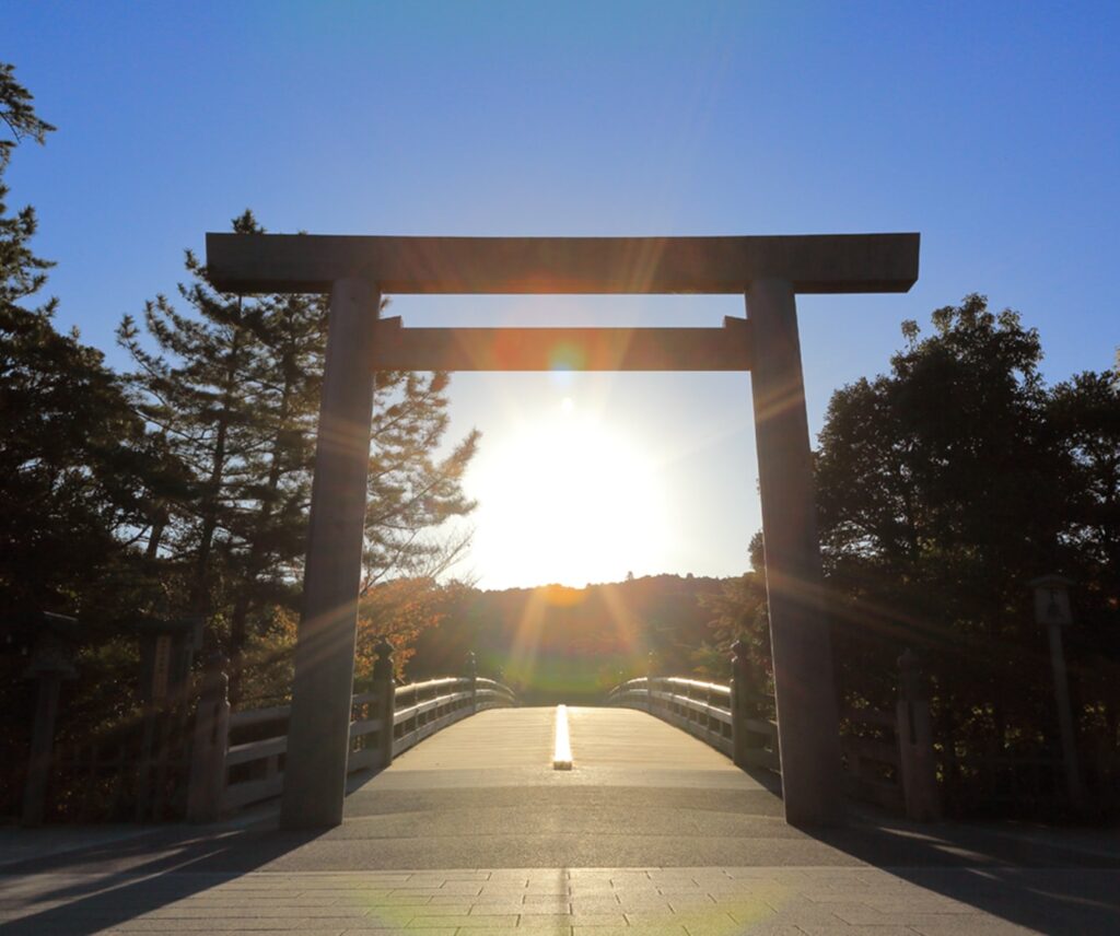 The torii gates of Ise Shrine shining in the morning sun