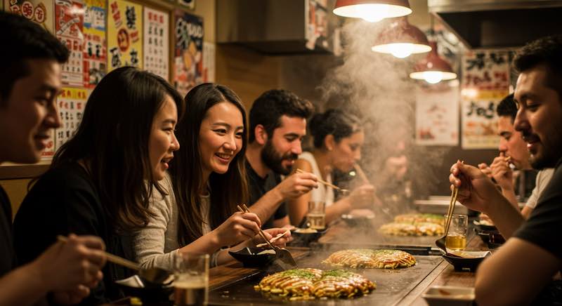 People chatting at an okonomiyaki restaurant
