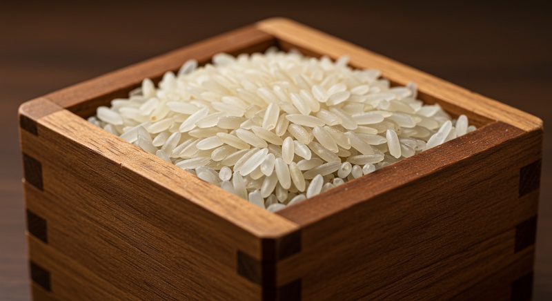 Raw rice in a wooden box