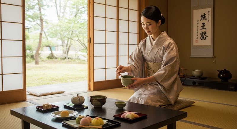 Beautiful Japanese sweets served at a tea ceremony
