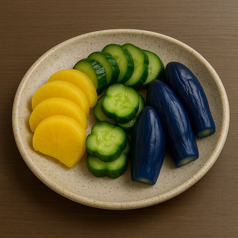 Assortment of pickled radish, cucumber and eggplant