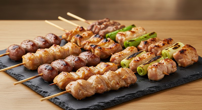 Savory charcoal-grilled Japanese yakitori