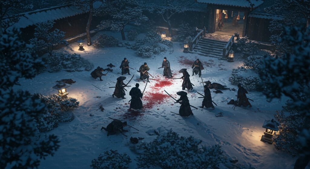 A battle between samurai in the garden of Lord Kira's mansion