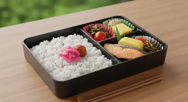 A typical Japanese bento lunch. Rice topped with pickled plums.