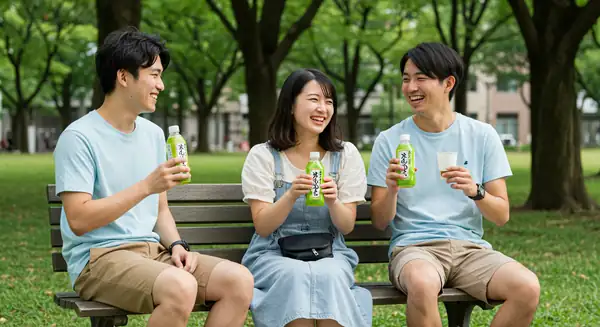 Young Japanese people drinking bottled tea