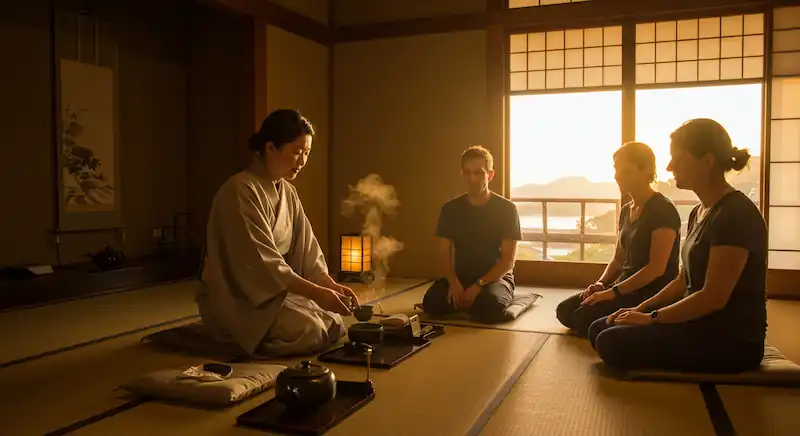 Foreign tourists experiencing a tea ceremony in a relaxed atmosphere