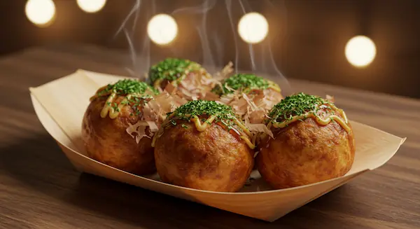 Takoyaki topped with bonito flakes and green laver