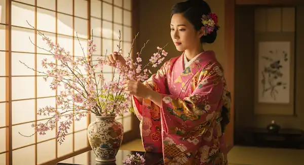 Japanese woman arranging flowers