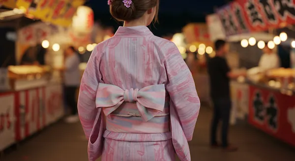 A Japanese woman wearing a yukata with a cute obi