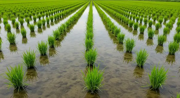 Japanese rice paddies filled with clear water