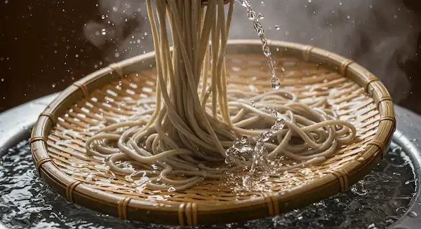 Freshly boiled soba noodles rinsed in clear, cold water