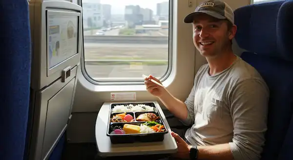 Travelers eating ekiben on the Shinkansen