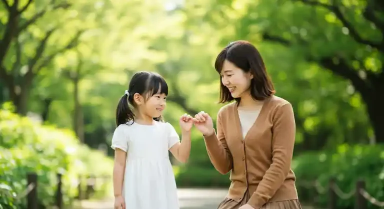 A little Japanese girl making a pinky promise with her mother