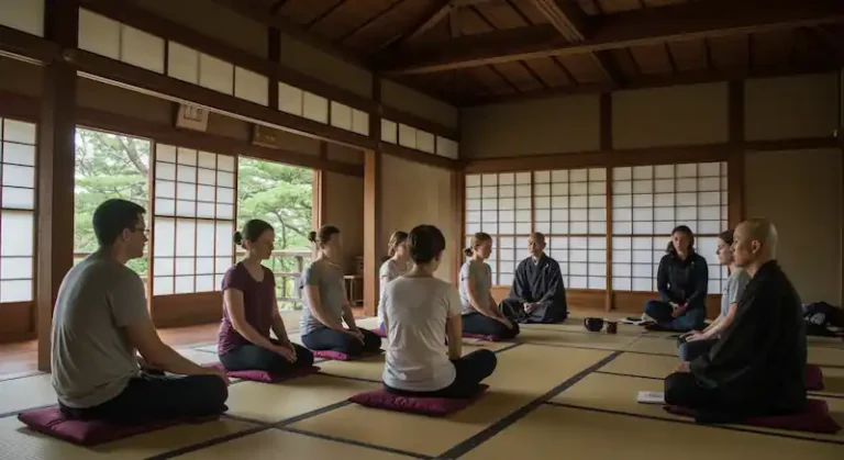 Foreign tourists experiencing zazen and meditation