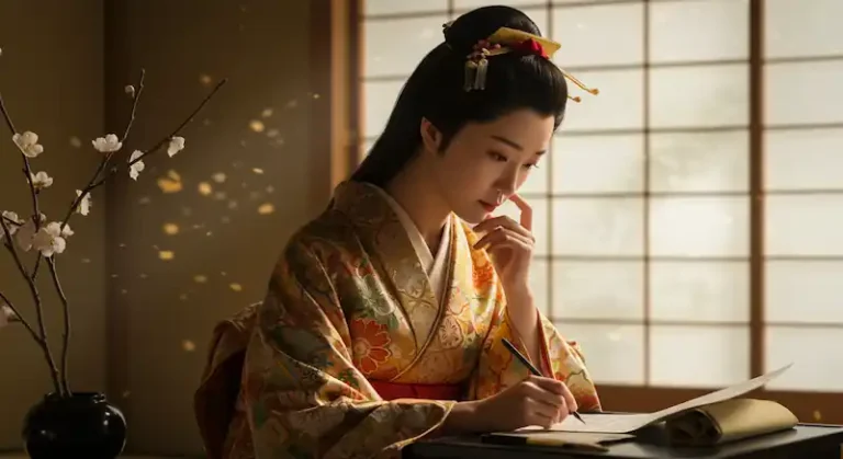 A woman composing waka poetry